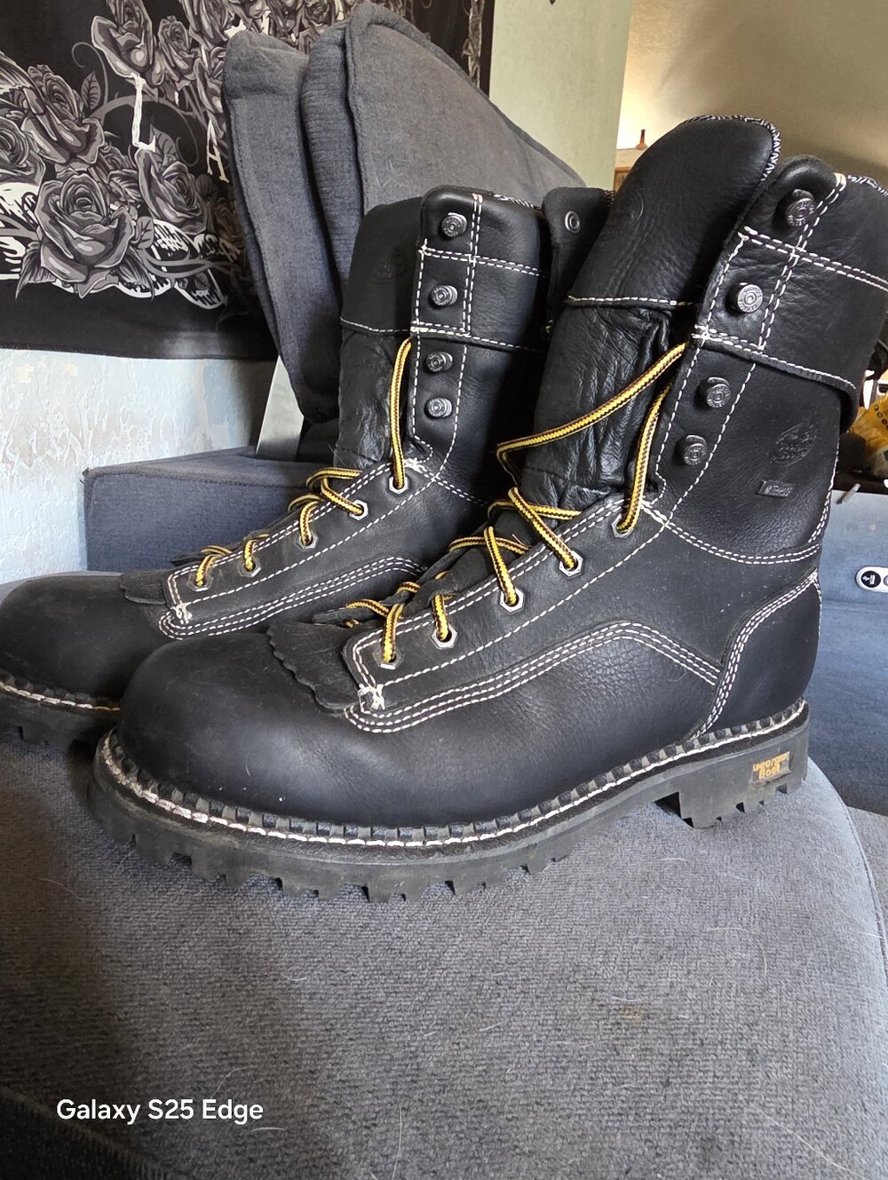 Georgia Boot Black Leather Lace-Up Work Boots with Yellow Laces